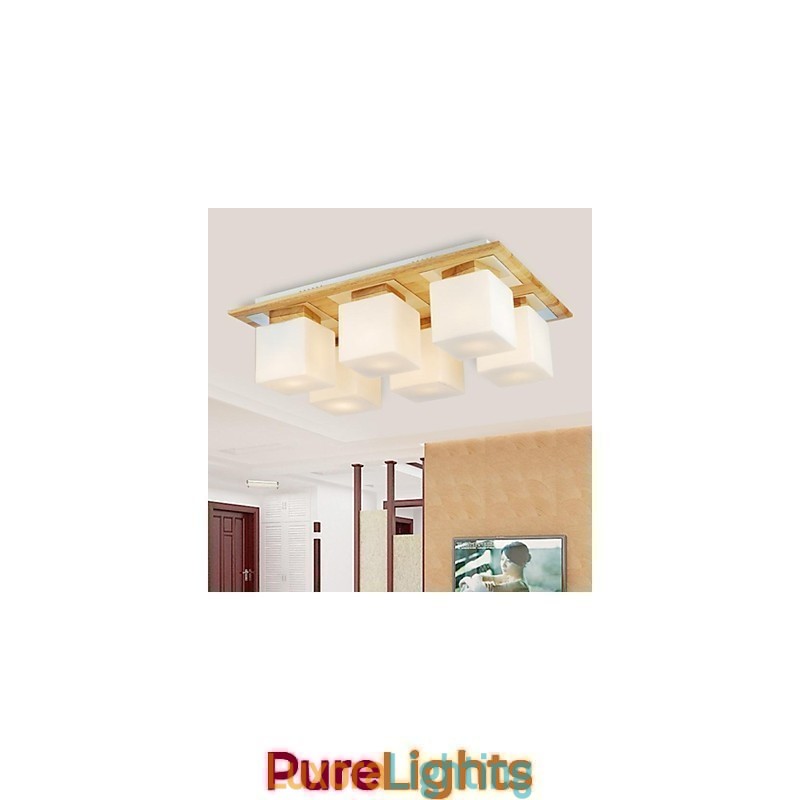 Designer Touch Decorative Oak Ceiling Lamp Six Lights Oak and Glass 220~240V