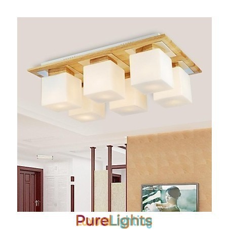 Designer Touch Decorative Oak Ceiling Lamp Six Lights Oak and Glass 220~240V