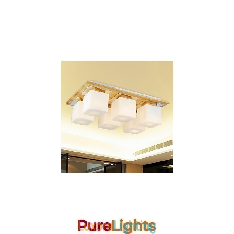 Designer Touch Decorative Oak Ceiling Lamp Six Lights Oak and Glass 220~240V