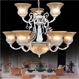 Designer Touch Decorative White Chandelier Twelve Lights Pattern Glass Shade Hand Gilt European Retro Classic