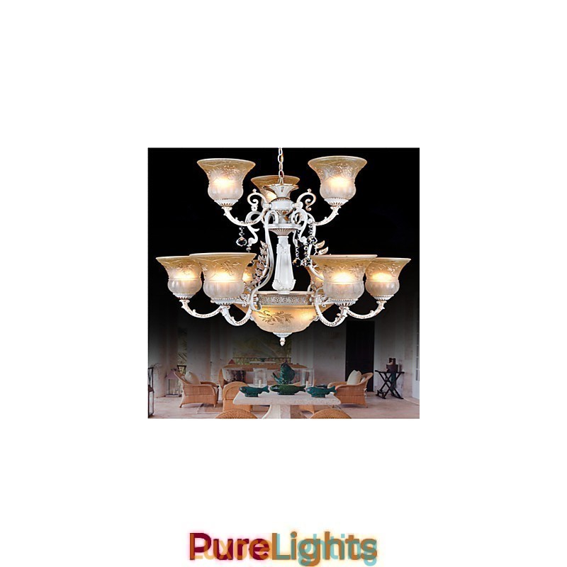 Designer Touch Decorative White Chandelier Twelve Lights Pattern Glass Shade Hand Gilt European Retro Classic