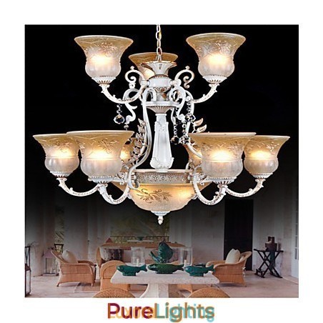 Designer Touch Decorative White Chandelier Twelve Lights Pattern Glass Shade Hand Gilt European Retro Classic