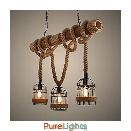 Designer Touch Decorative American Country Retro Bamboo Three Head Rope Chandelier