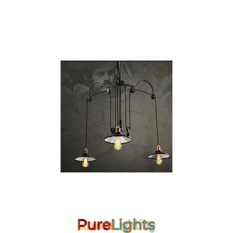 Designer Touch Decorative Vintage Pully Pendant Light 3 Island Foyer Metal+ Galss inside shade